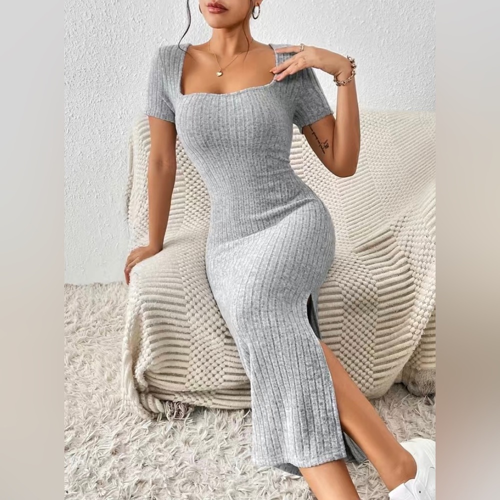 Soft Gray Ribbed Square Neck Side Slit Midi Dress